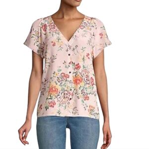 Re­bec­ca Tay­lor Mar­lena Flo­ral 100% Silk Short Sleeve Blouse